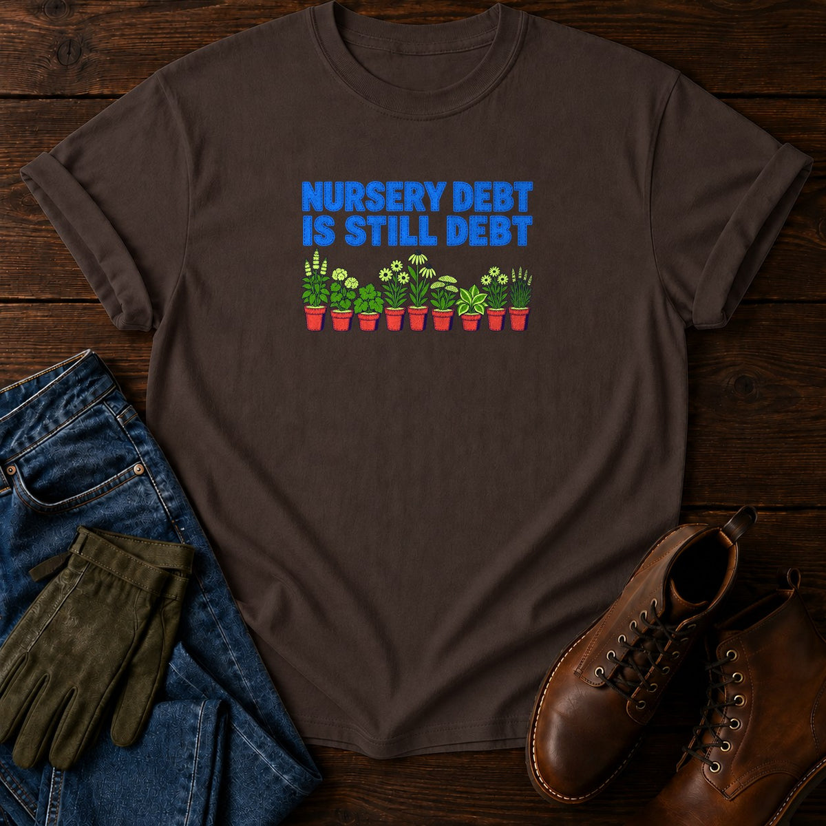 Nursery Debt Is Still Debt Funny Plant Buying T-Shirt — Espresso
