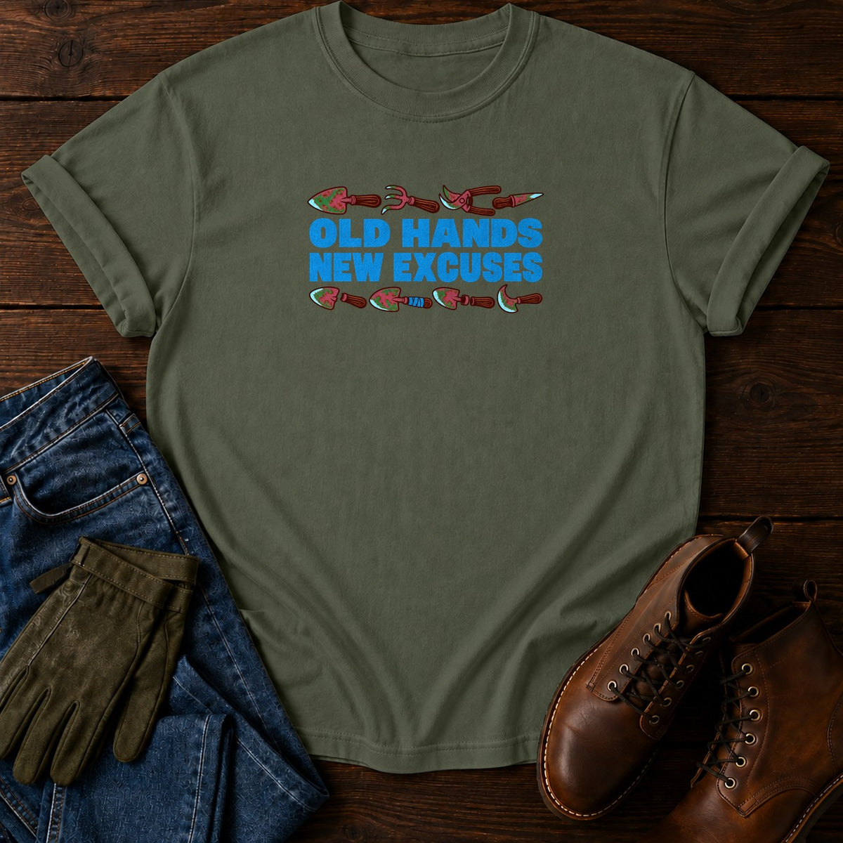 Old Hands New Excuses Funny Gardening Humor T-Shirt — Moss