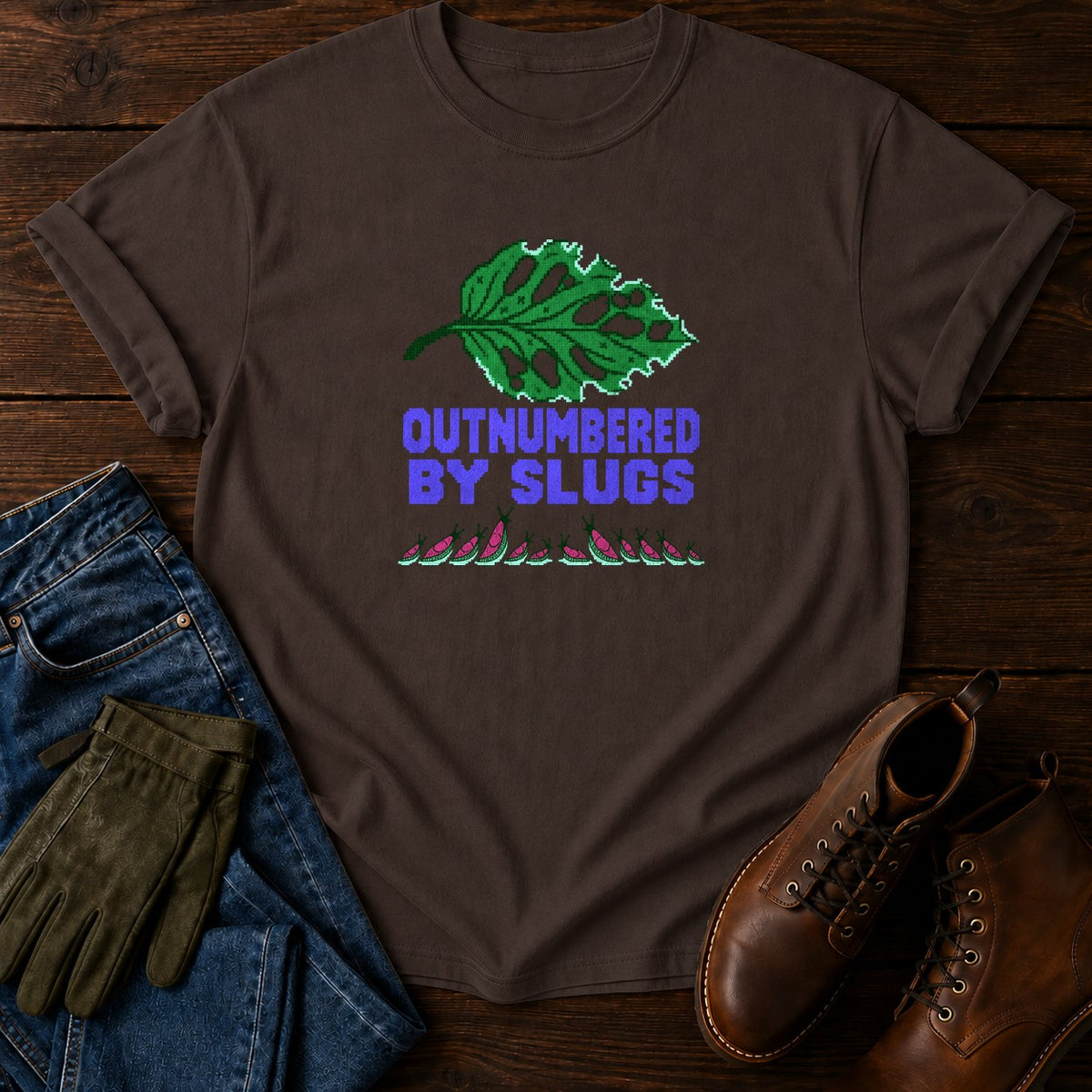 Outnumbered By Slugs Funny Hosta Gardening T-Shirt — Espresso