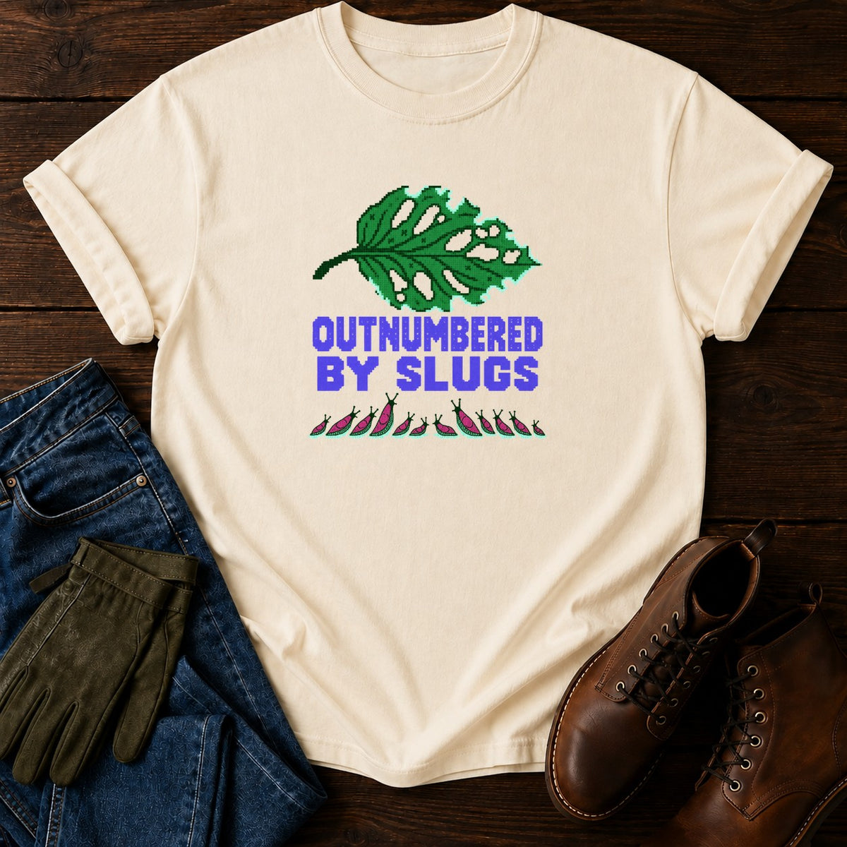 Outnumbered By Slugs Funny Hosta Gardening T-Shirt — Ivory