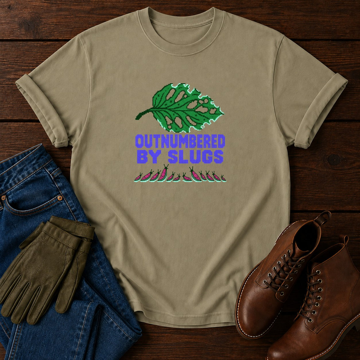 Outnumbered By Slugs Funny Hosta Gardening T-Shirt — Khaki
