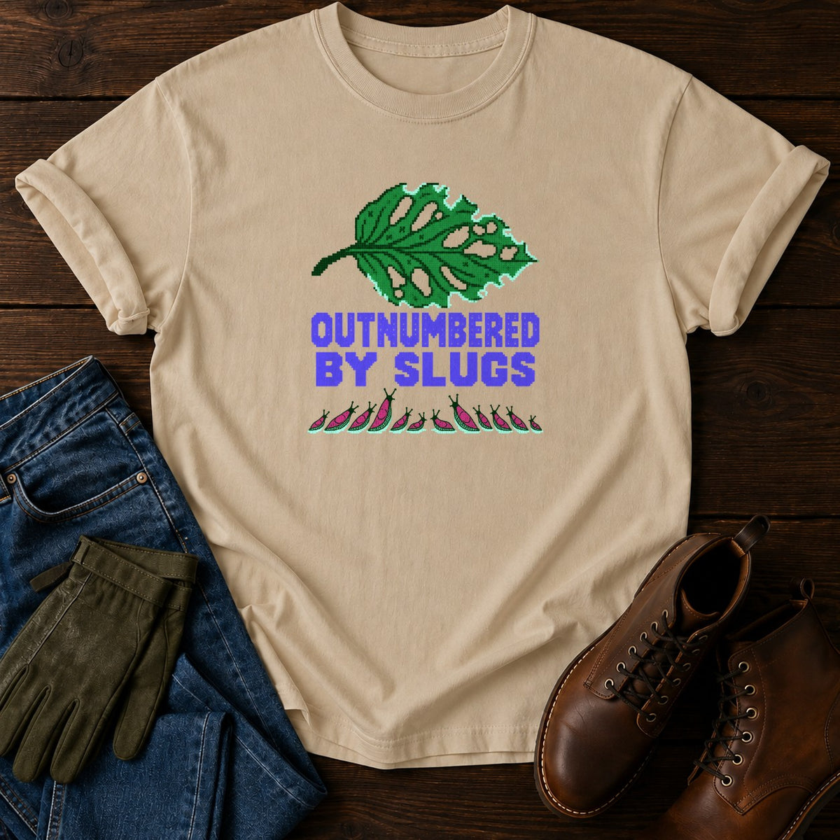 Outnumbered By Slugs Funny Hosta Gardening T-Shirt — Sandstone