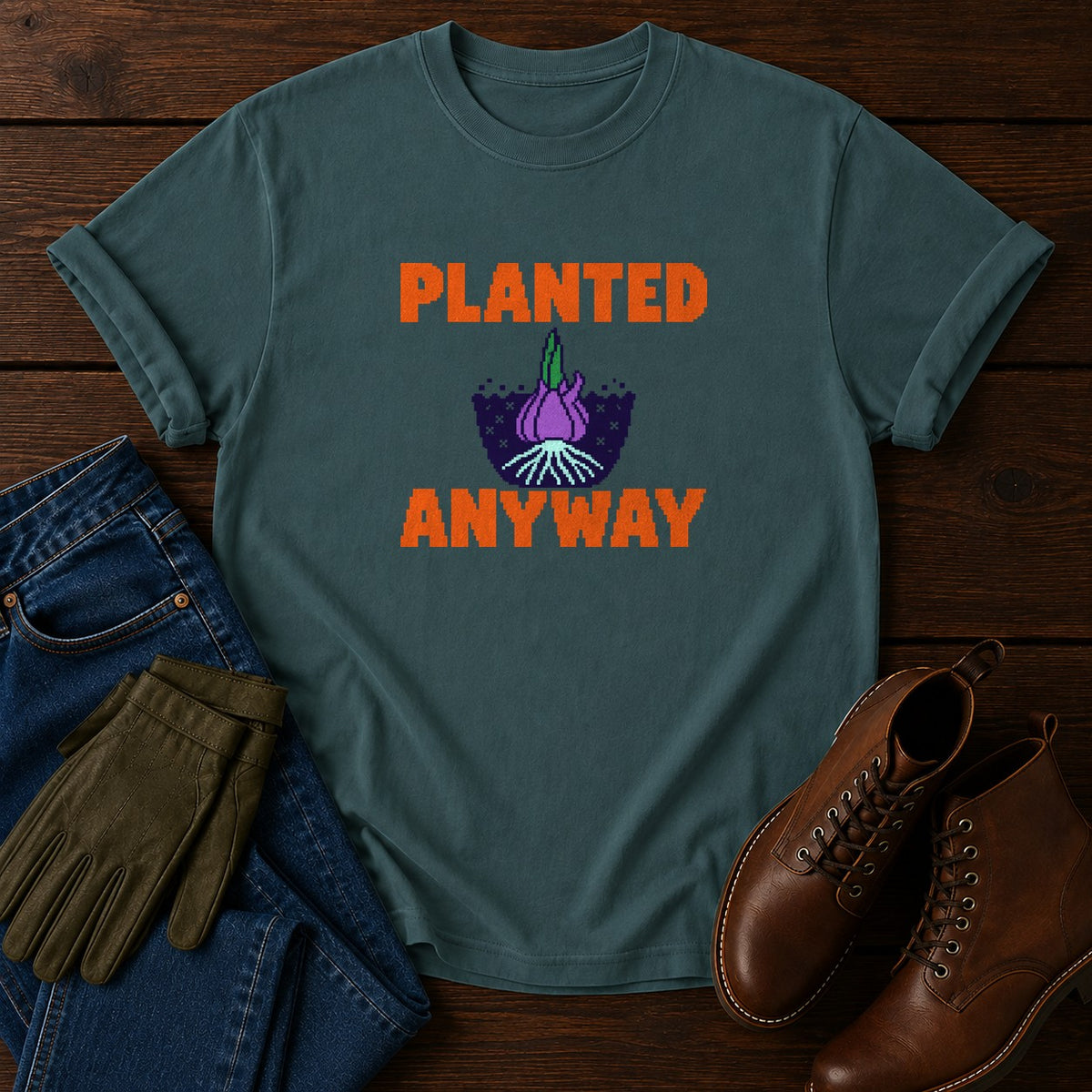 Planted Anyway Funny Dark Humor Gardening T-Shirt — Blue Spruce