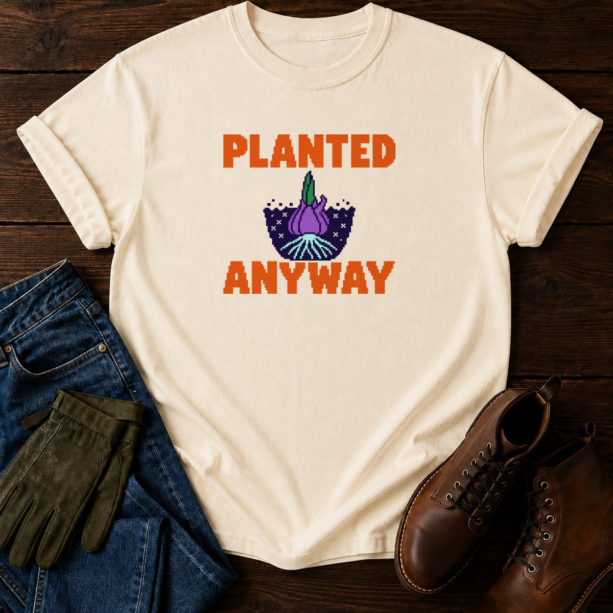 Planted Anyway Funny Dark Humor Gardening T-Shirt — Ivory