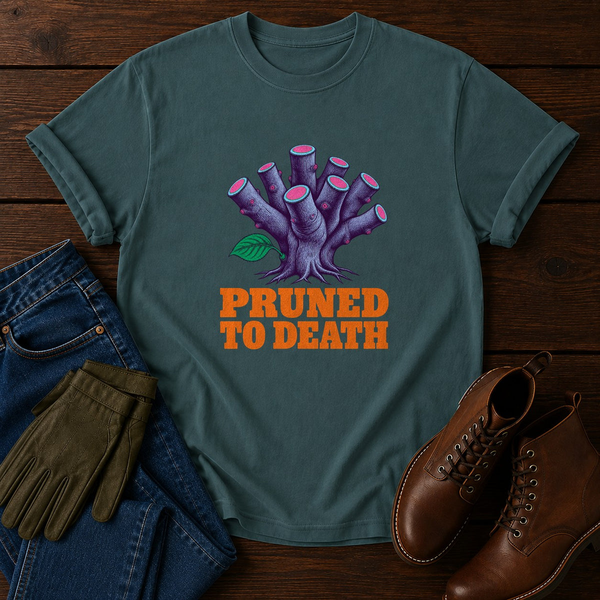 Pruned To Death Funny Dark Humor Gardening T-Shirt — Blue Spruce
