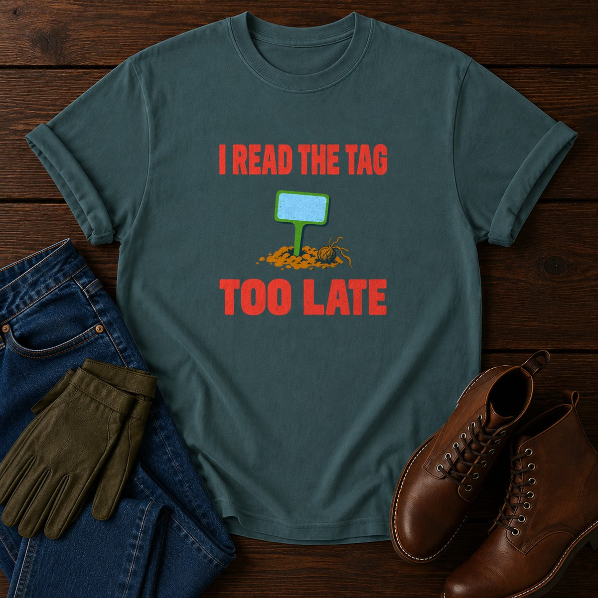 I Read The Tag Too Late Funny Gardening Humor T-Shirt — Blue Spruce