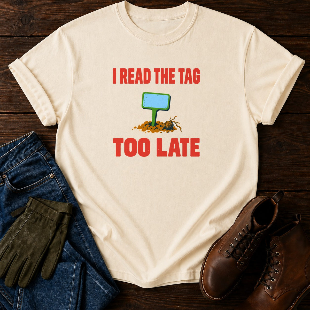 I Read The Tag Too Late Funny Gardening Humor T-Shirt — Ivory