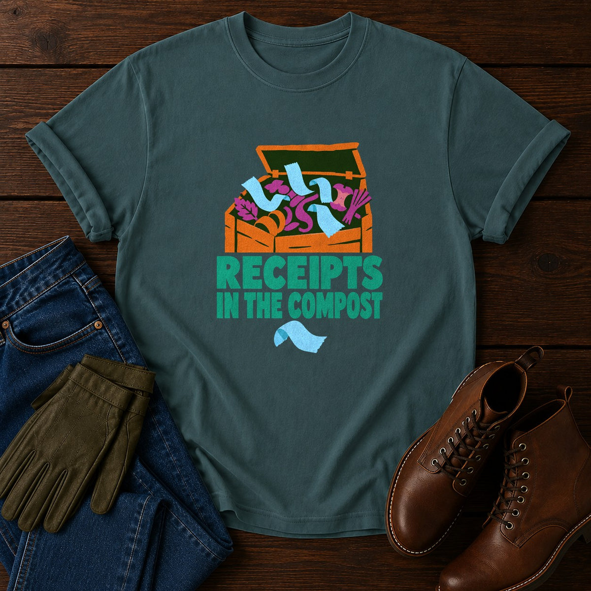 Receipts In The Compost Funny Plant Shopping Humor T-Shirt — Blue Spruce