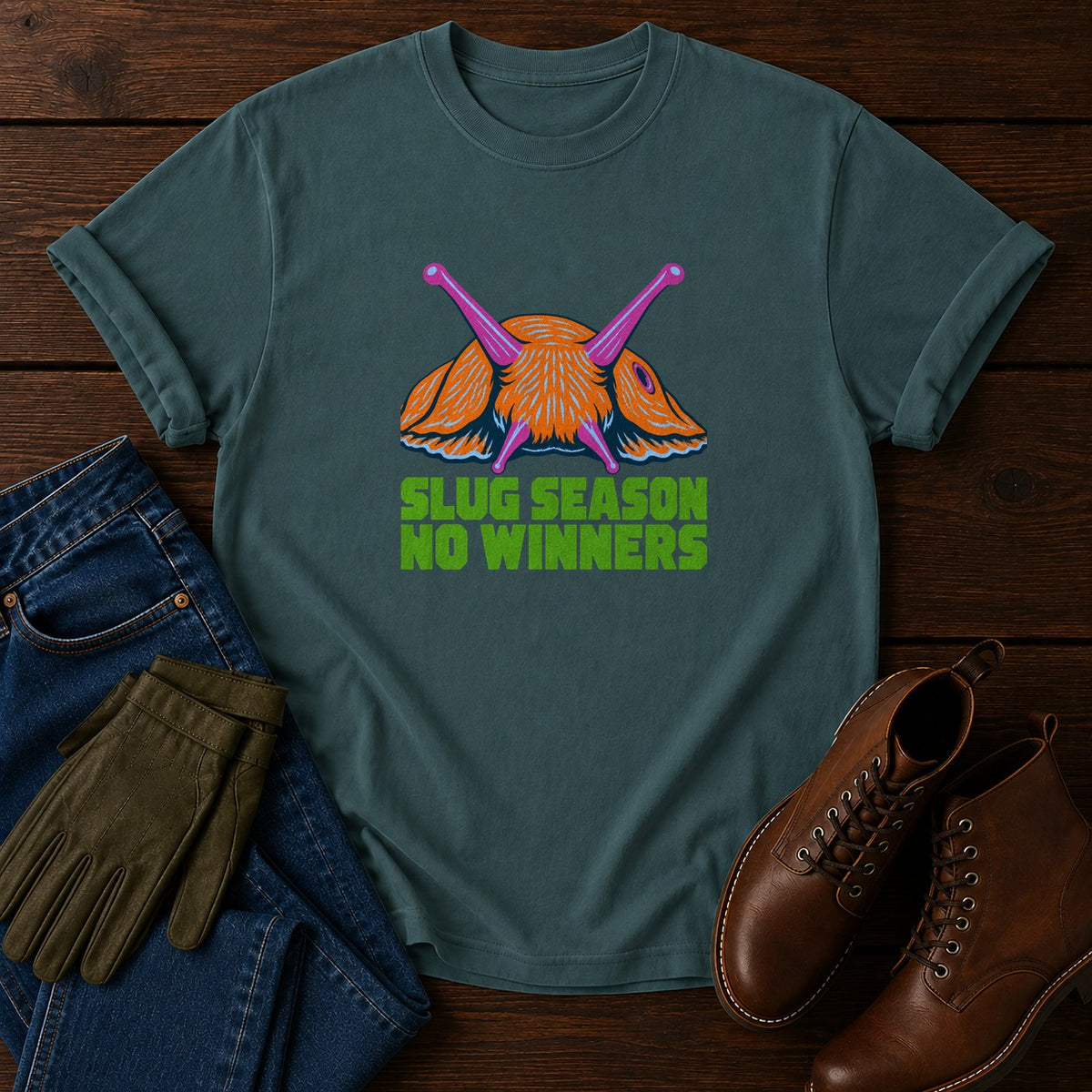 Slug Season No Winners Funny Garden Pest T-Shirt — Blue Spruce