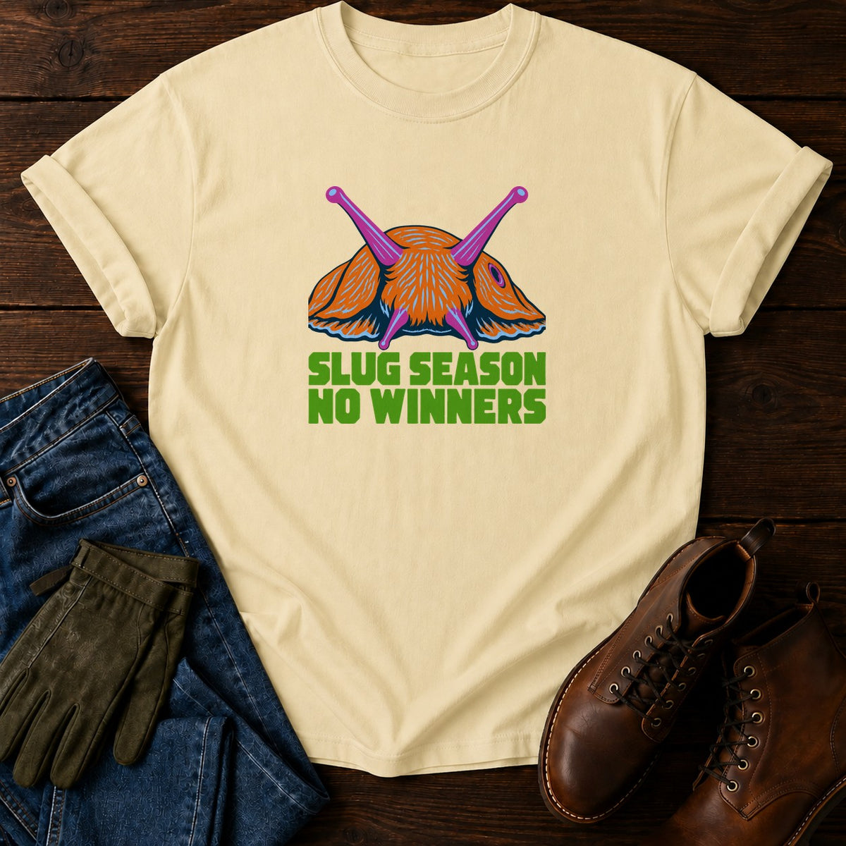 Slug Season No Winners Funny Garden Pest T-Shirt — Butter