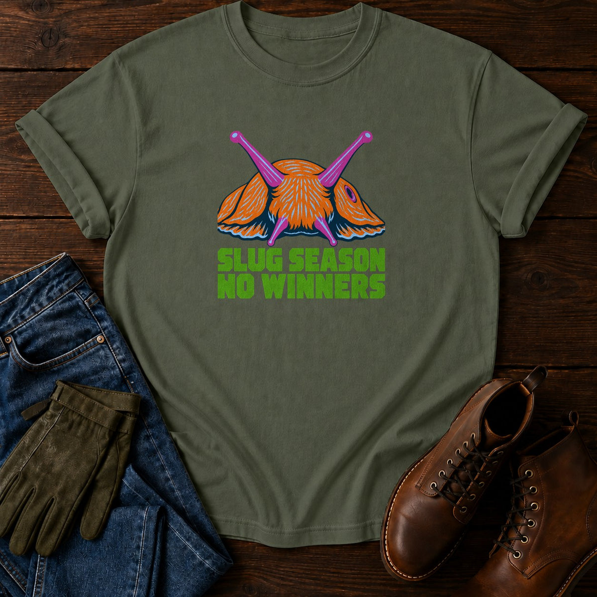 Slug Season No Winners Funny Garden Pest T-Shirt — Moss