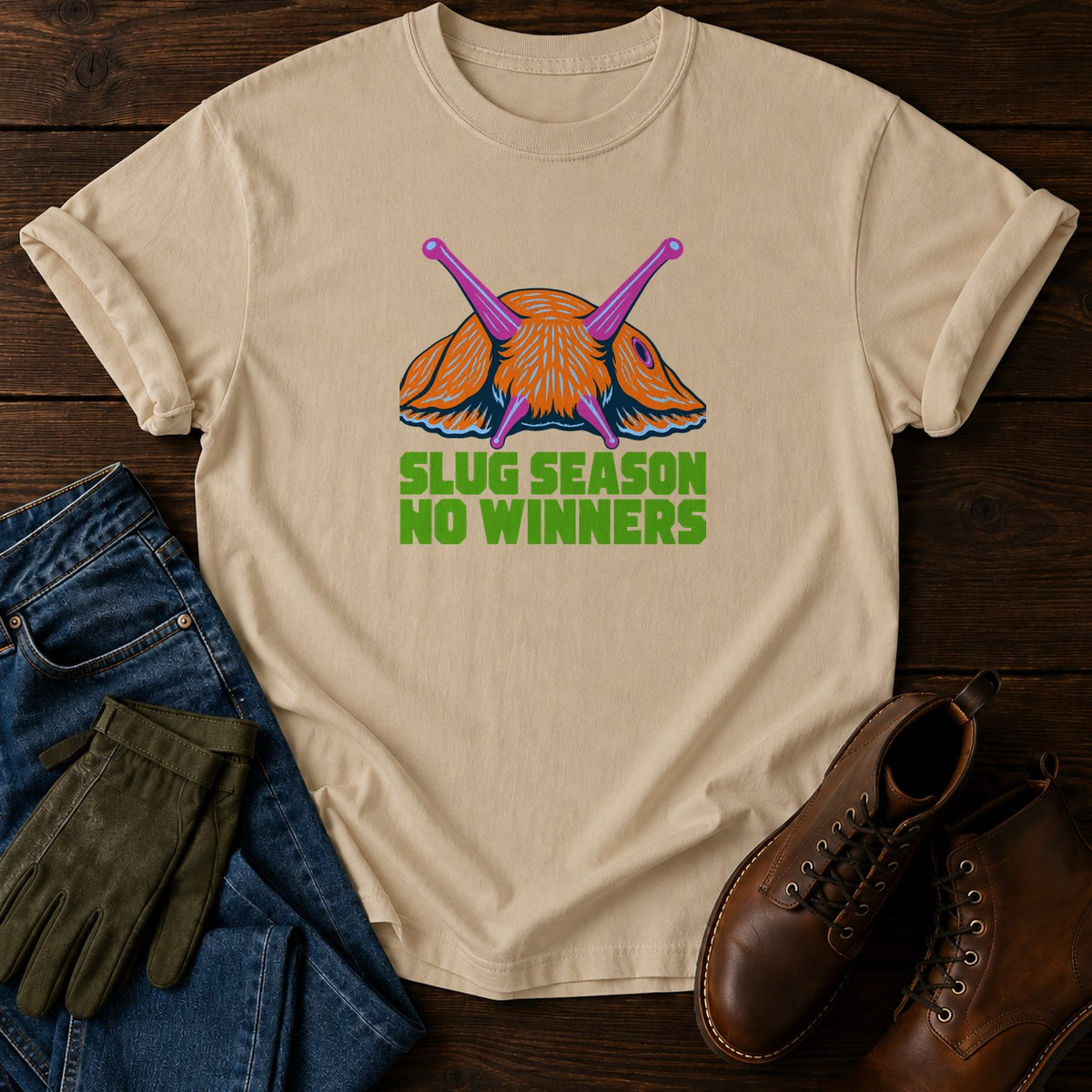 Slug Season No Winners Funny Garden Pest T-Shirt — Sandstone