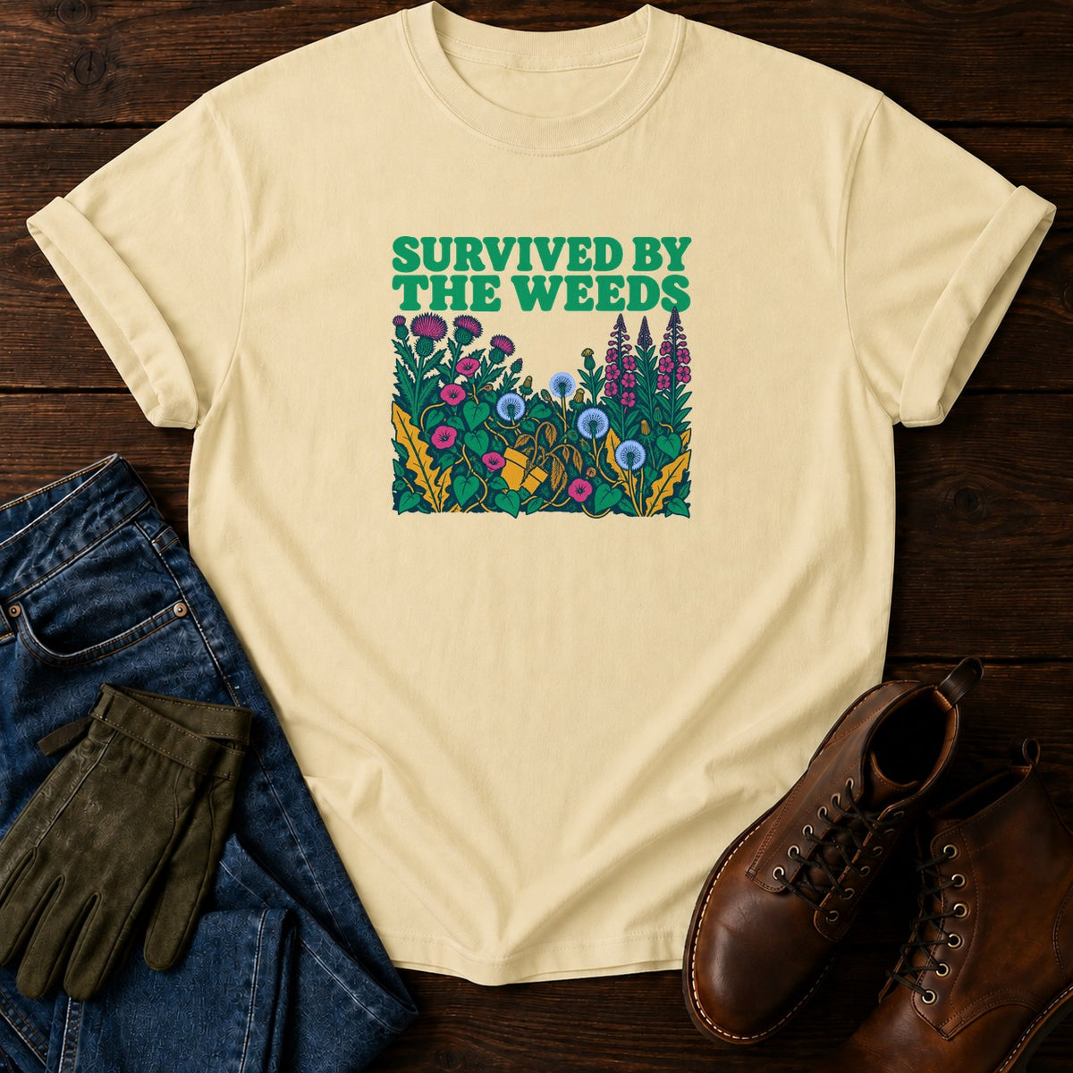 Survived By The Weeds Funny Dark Humor Gardening T-Shirt — Butter