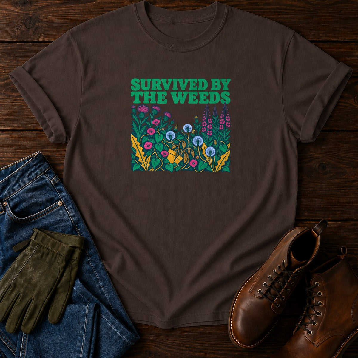 Survived By The Weeds Funny Dark Humor Gardening T-Shirt — Espresso