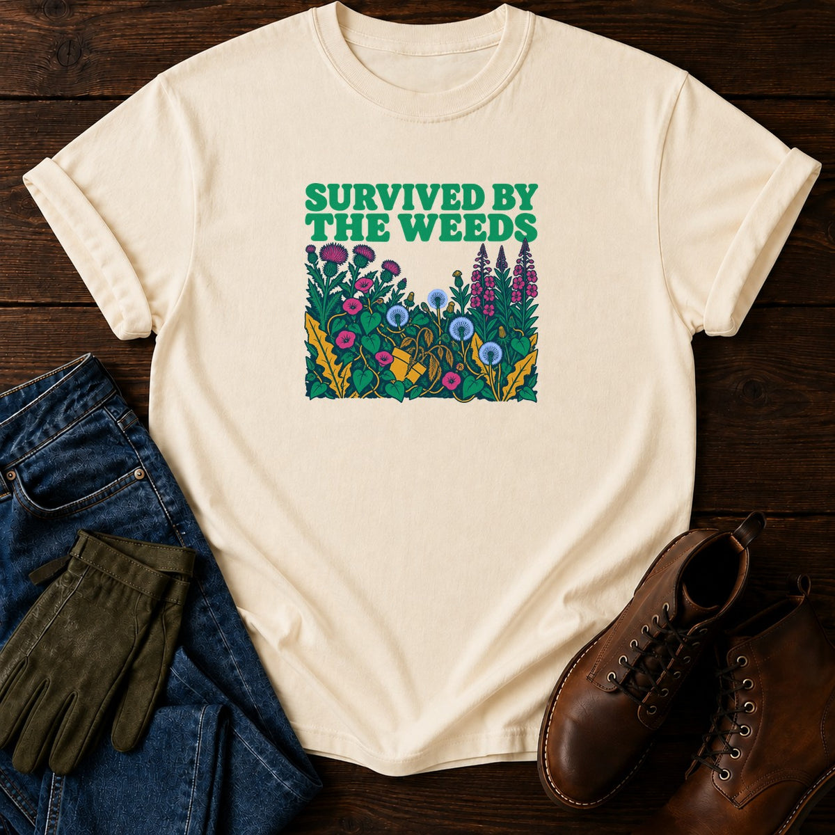 Survived By The Weeds Funny Dark Humor Gardening T-Shirt — Ivory