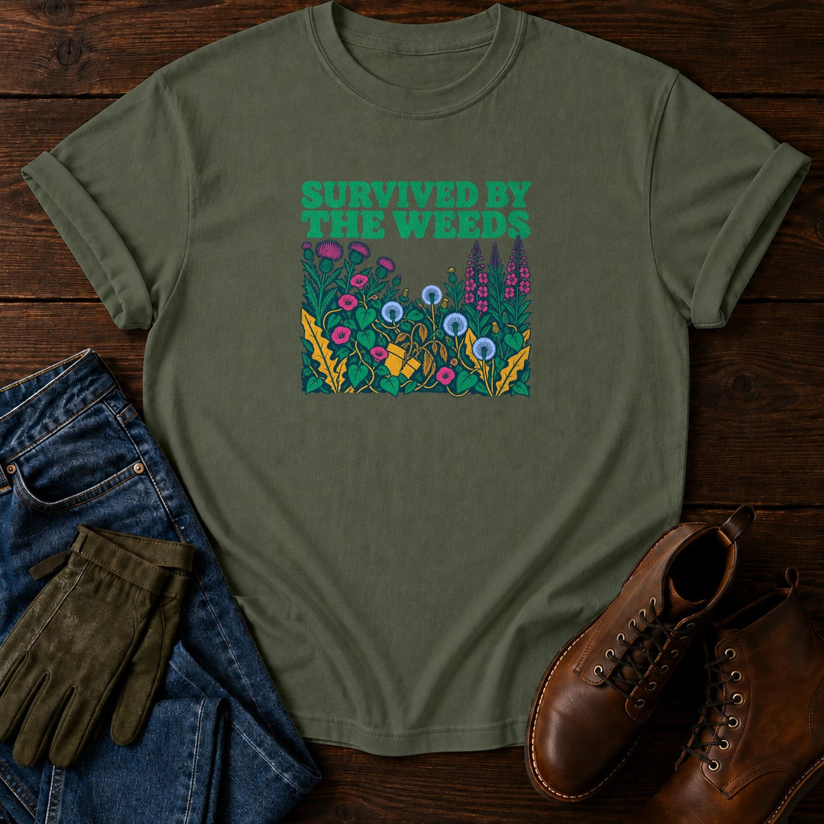 Survived By The Weeds Funny Dark Humor Gardening T-Shirt — Moss