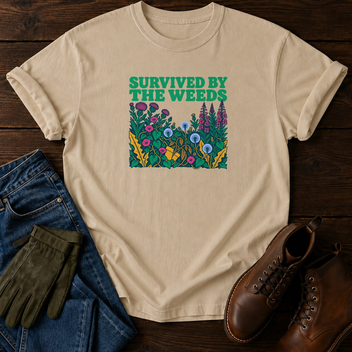 Survived By The Weeds Funny Dark Humor Gardening T-Shirt — Sandstone