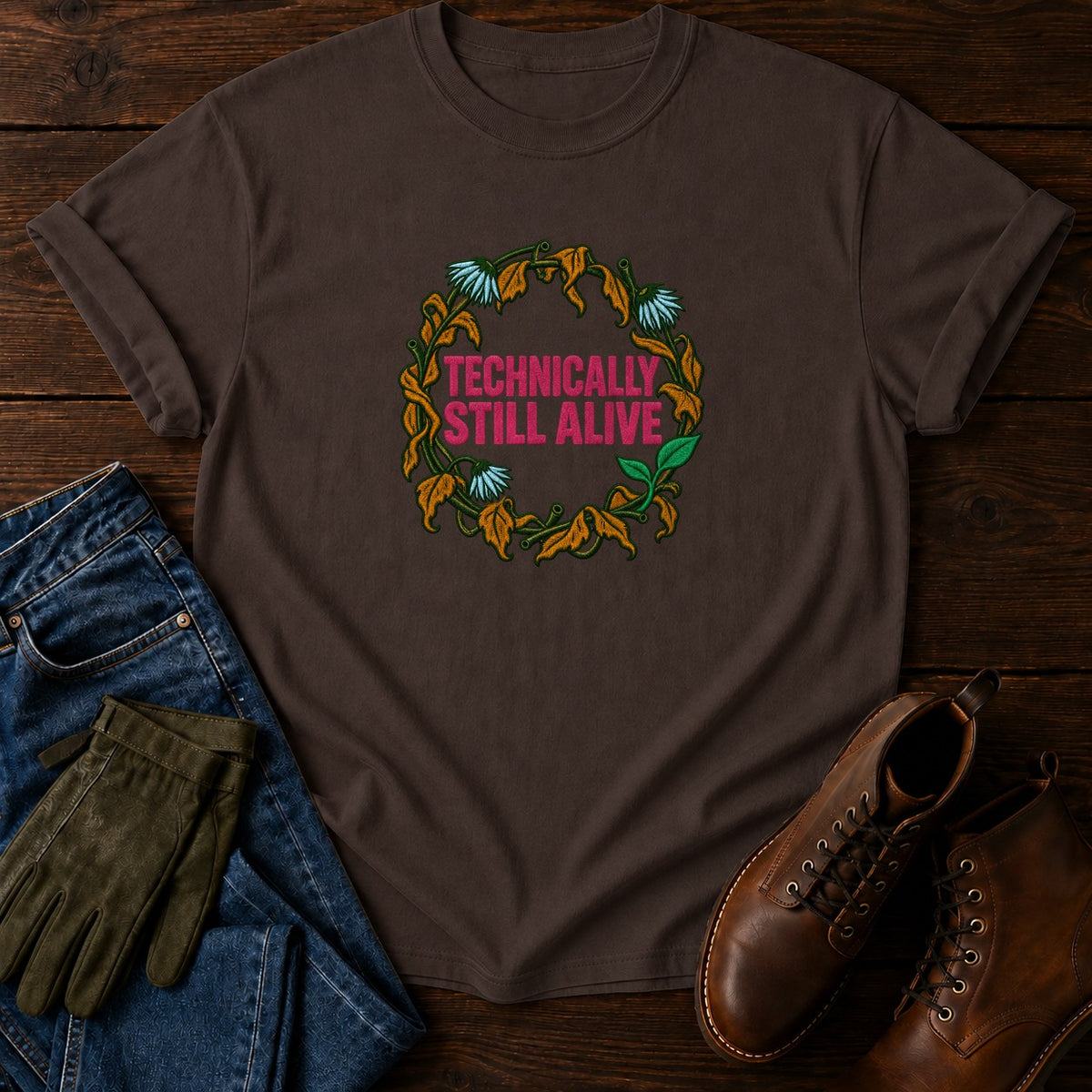 Technically Still Alive Funny Dead Houseplant T-Shirt — Espresso