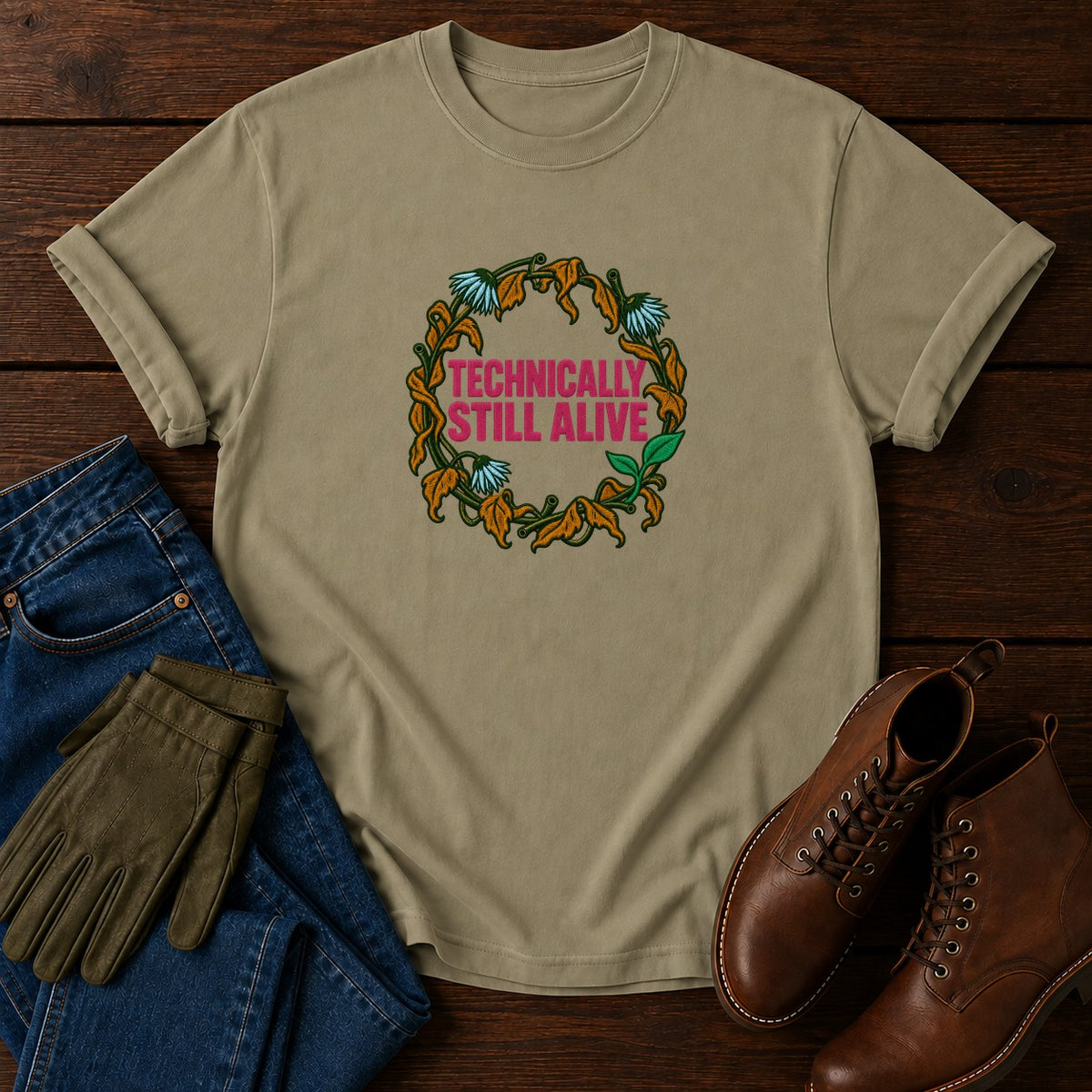 Technically Still Alive Funny Dead Houseplant T-Shirt — Khaki