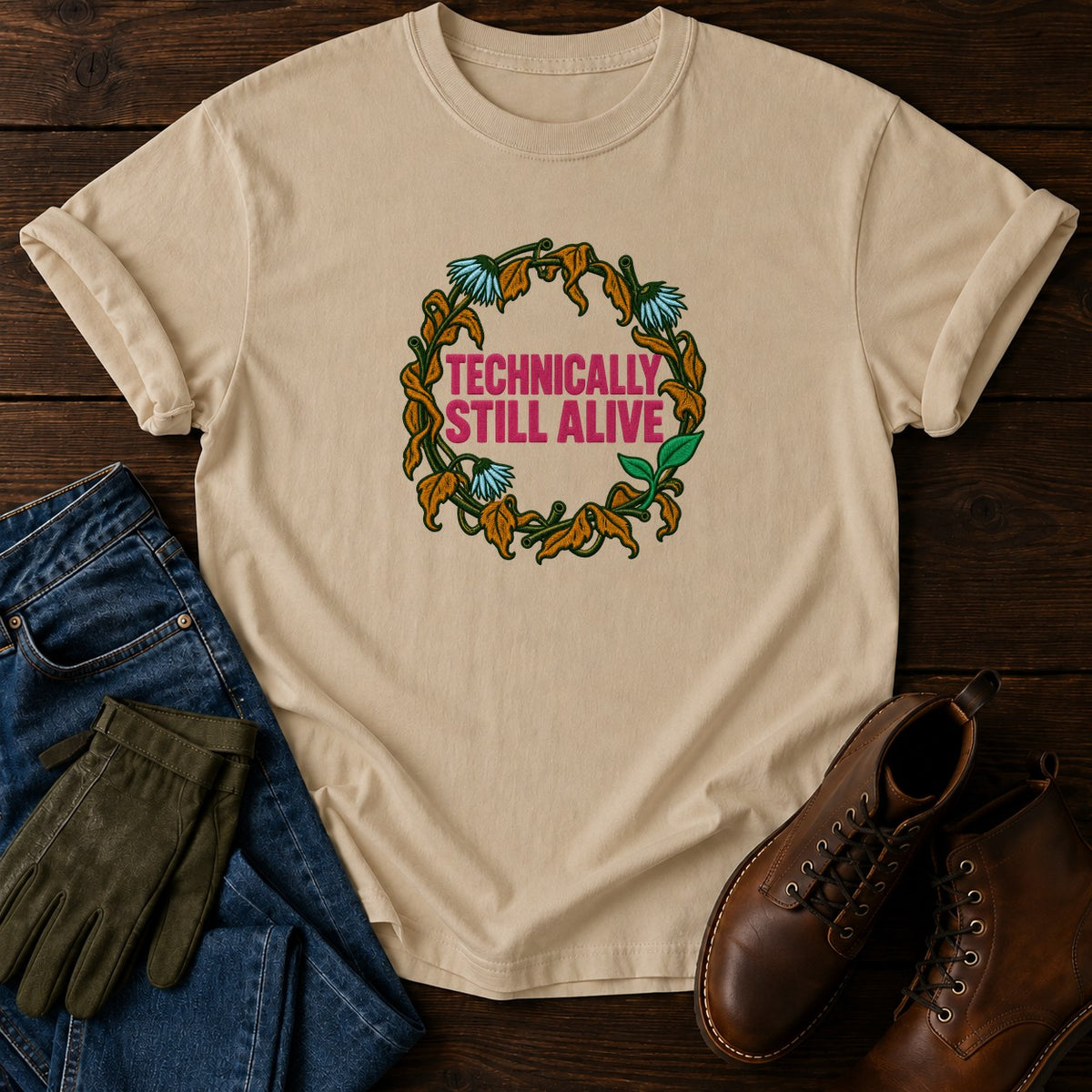 Technically Still Alive Funny Dead Houseplant T-Shirt — Sandstone