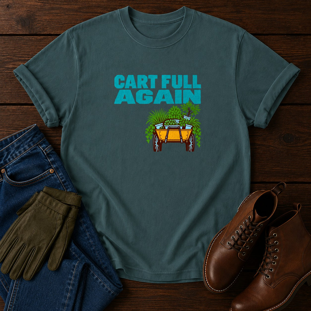 Cart Full Again Funny Garden Center Humor T-Shirt — Blue Spruce