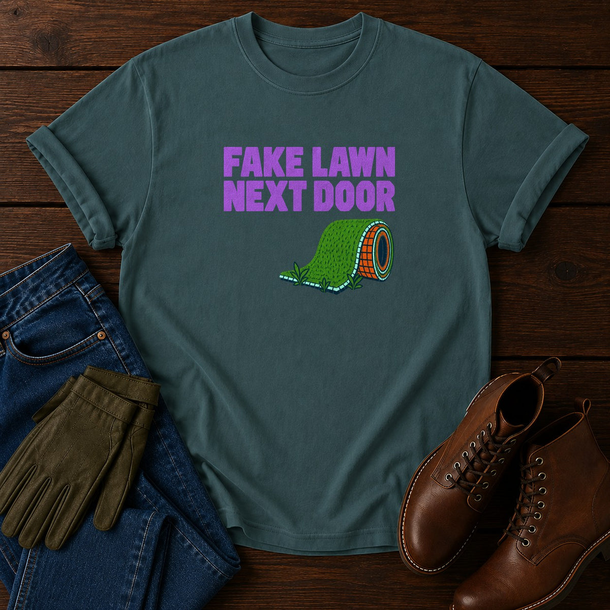 Fake Lawn Next Door Funny Artificial Turf Humor T-Shirt — Blue Spruce