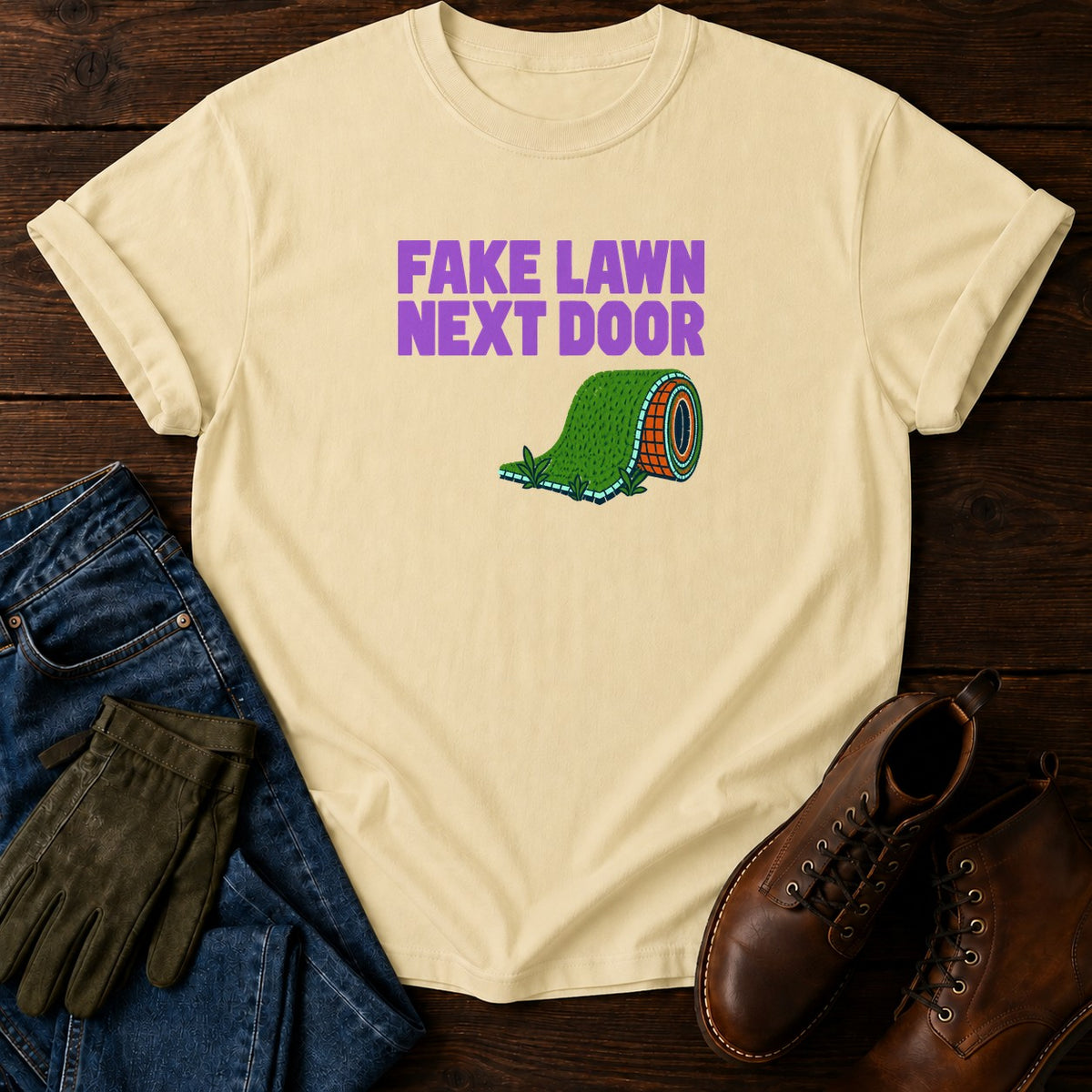 Fake Lawn Next Door Funny Artificial Turf Humor T-Shirt — Butter