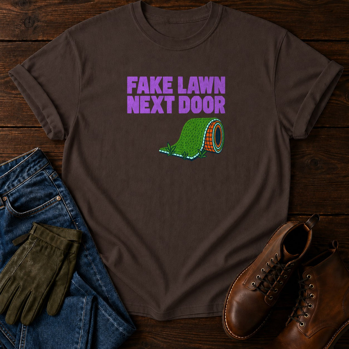 Fake Lawn Next Door Funny Artificial Turf Humor T-Shirt — Espresso