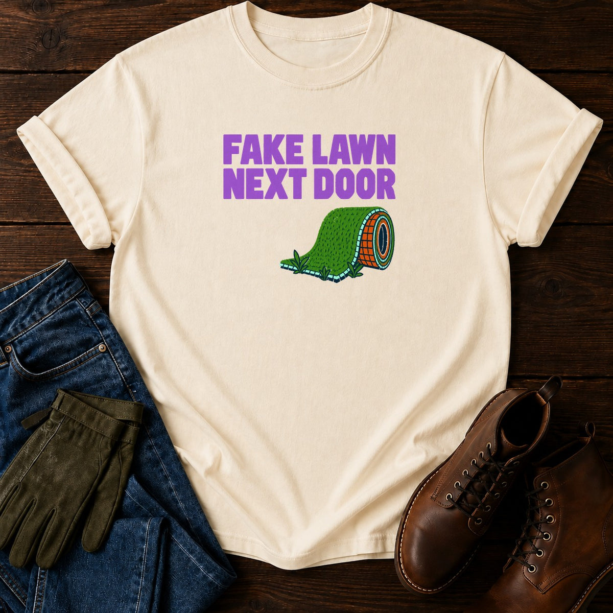 Fake Lawn Next Door Funny Artificial Turf Humor T-Shirt — Ivory