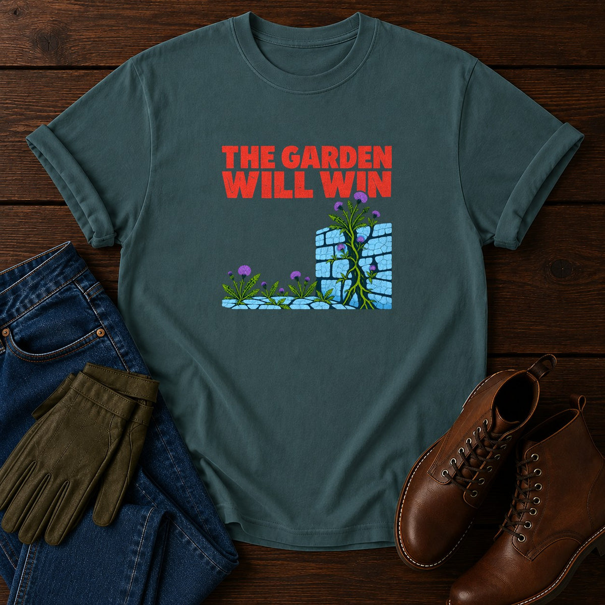 The Garden Will Win Funny Dark Humor Gardening T-Shirt — Blue Spruce