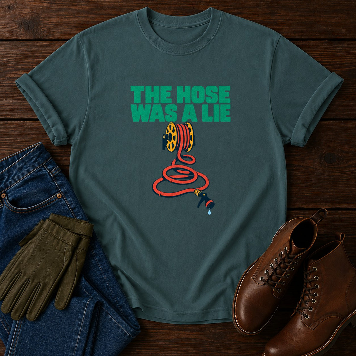 The Hose Was A Lie Funny Gardening Humor T-Shirt — Blue Spruce