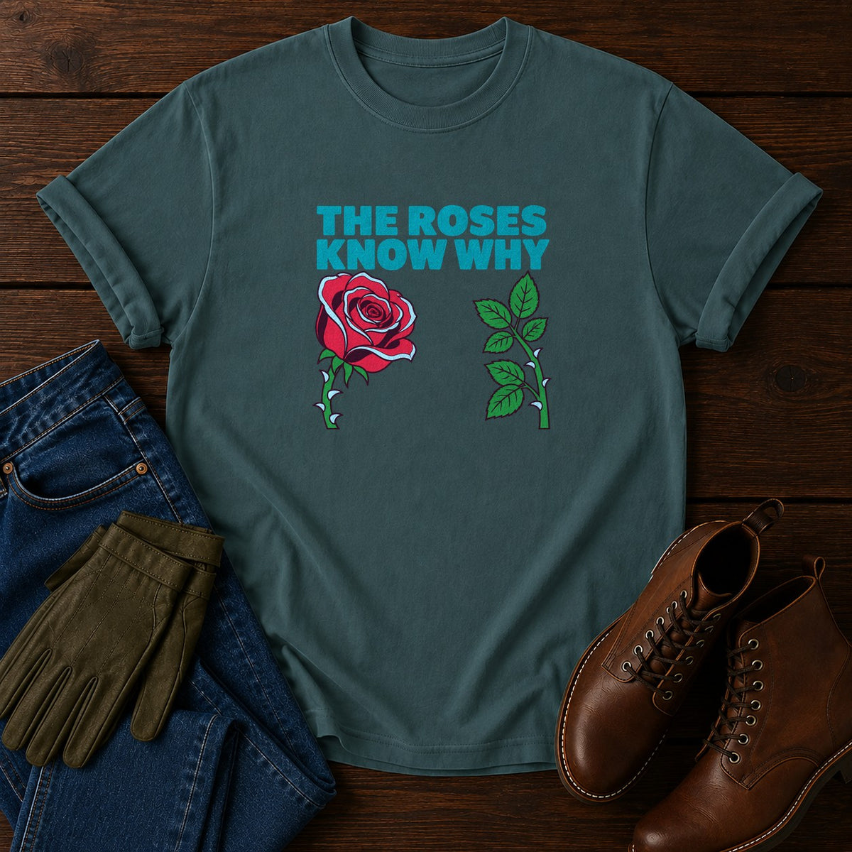 The Roses Know Why Funny Dark Humor Rose Garden T-Shirt — Blue Spruce