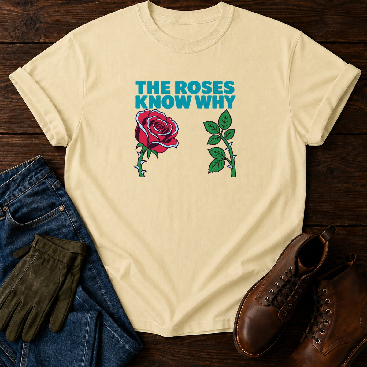 The Roses Know Why Funny Dark Humor Rose Garden T-Shirt — Butter
