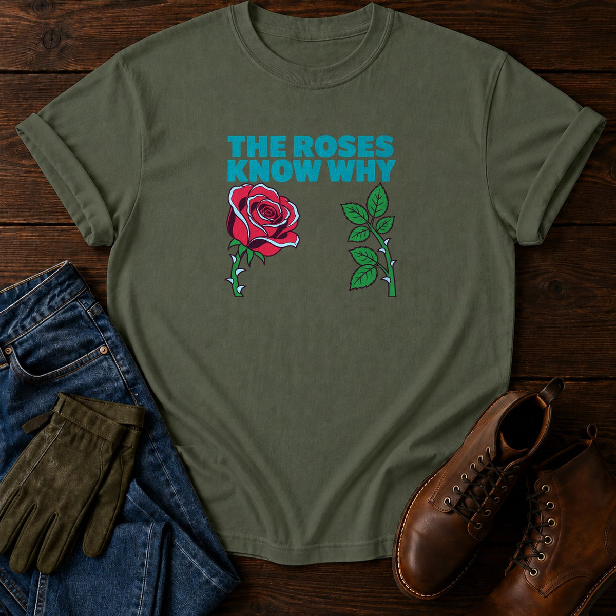 The Roses Know Why Funny Dark Humor Rose Garden T-Shirt — Moss