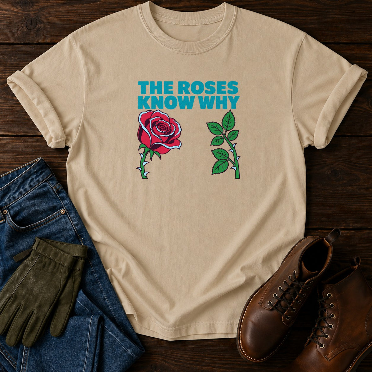 The Roses Know Why Funny Dark Humor Rose Garden T-Shirt — Sandstone