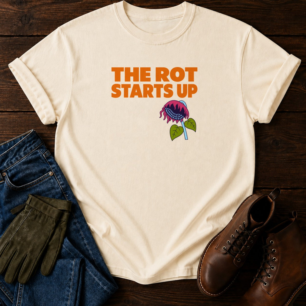 The Rot Starts Up Funny Dark Humor Sunflower T-Shirt — Ivory