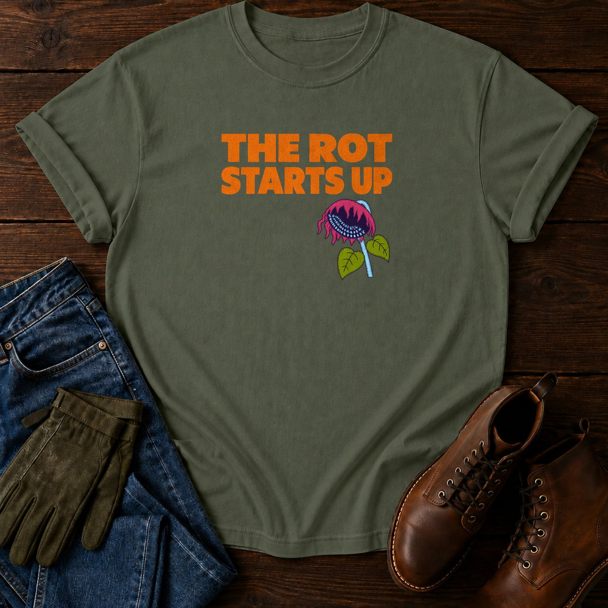 The Rot Starts Up Funny Dark Humor Sunflower T-Shirt — Moss
