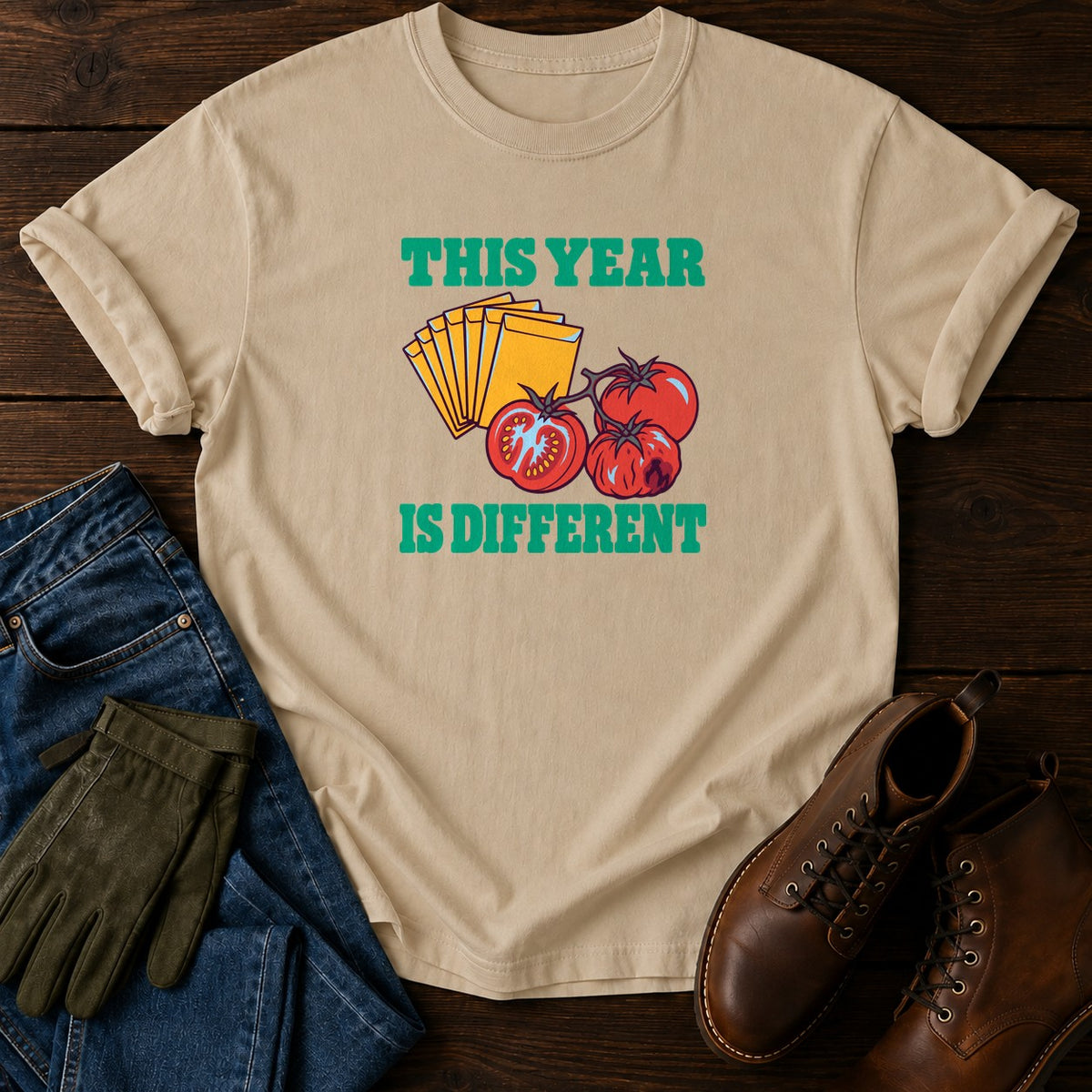 This Year Is Different Funny Seed Starting Humor T-Shirt — Sandstone