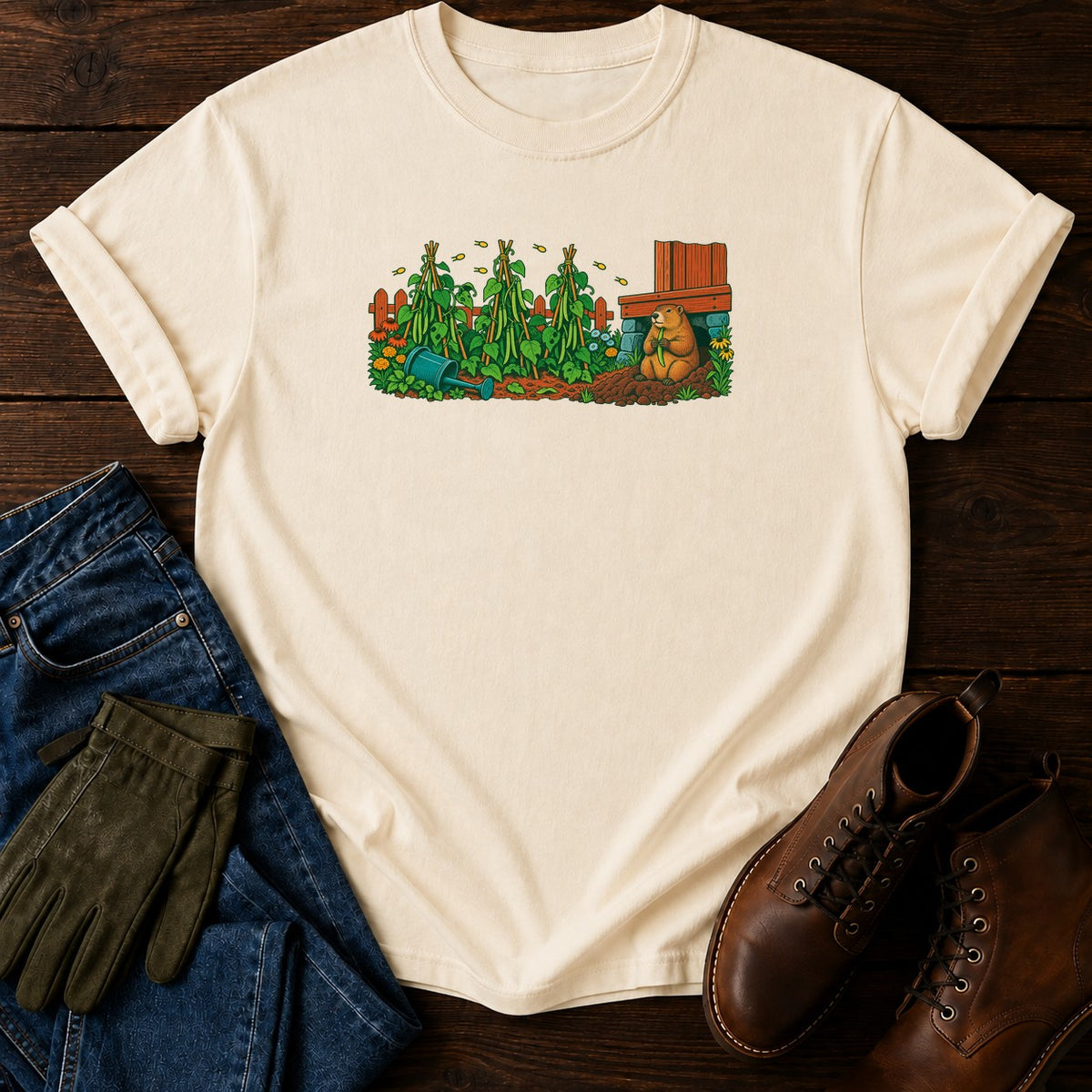Groundhog At The Bean Poles T-Shirt — Ivory