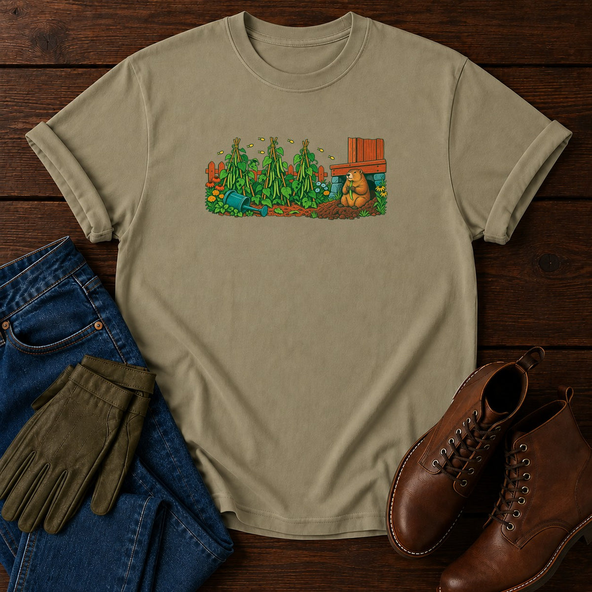 Groundhog At The Bean Poles T-Shirt — Khaki
