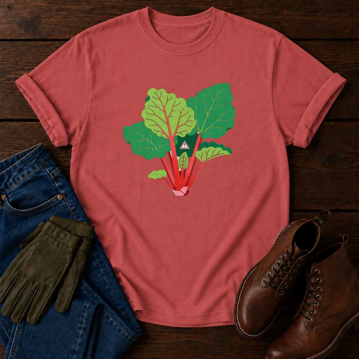 Rhubarb Leaves Lie T-Shirt — Crimson