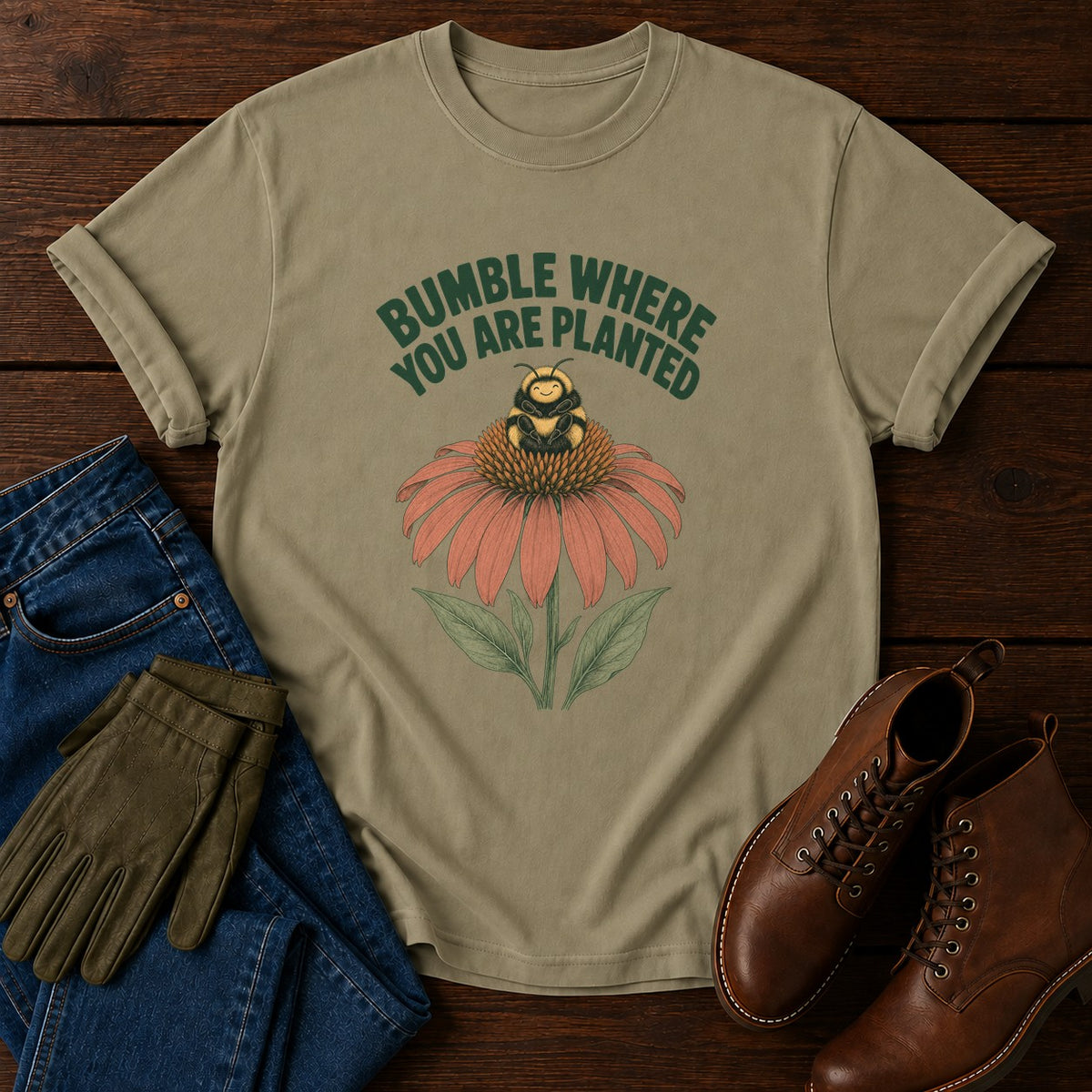 Bumble Where You Are Planted T-Shirt — Khaki