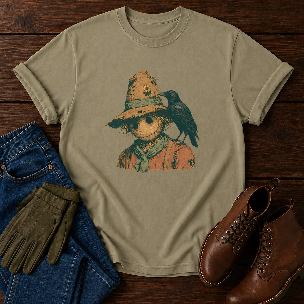 The Crow And The Scarecrow T-Shirt — Khaki
