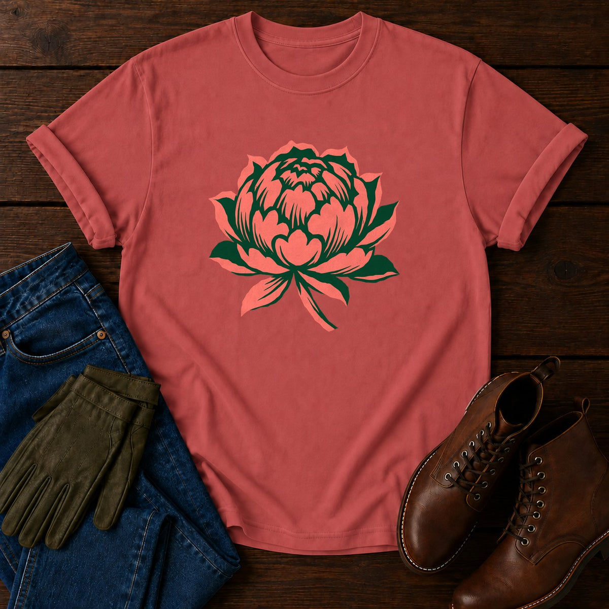Linocut Peony T-Shirt — Crimson