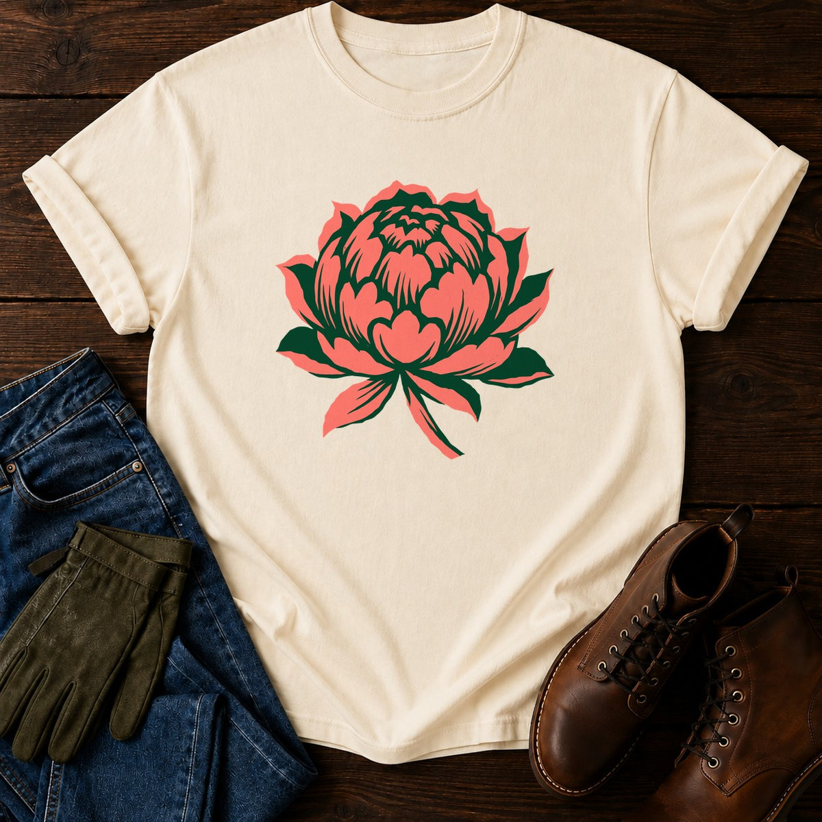 Linocut Peony T-Shirt — Ivory