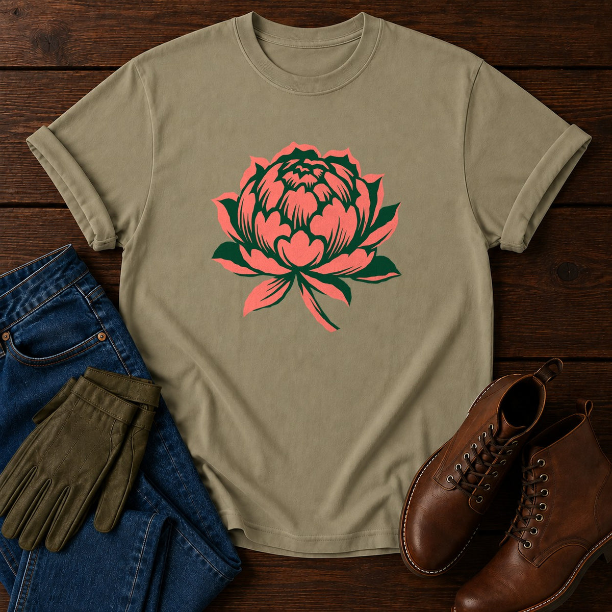 Linocut Peony T-Shirt — Khaki