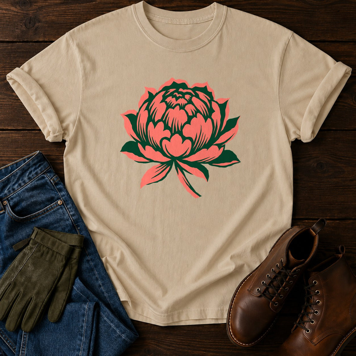 Linocut Peony T-Shirt — Sandstone