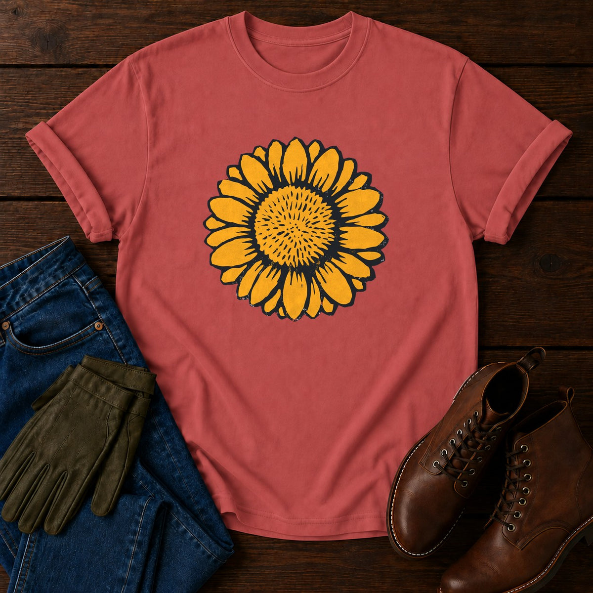 Carved Sunflower T-Shirt — Crimson