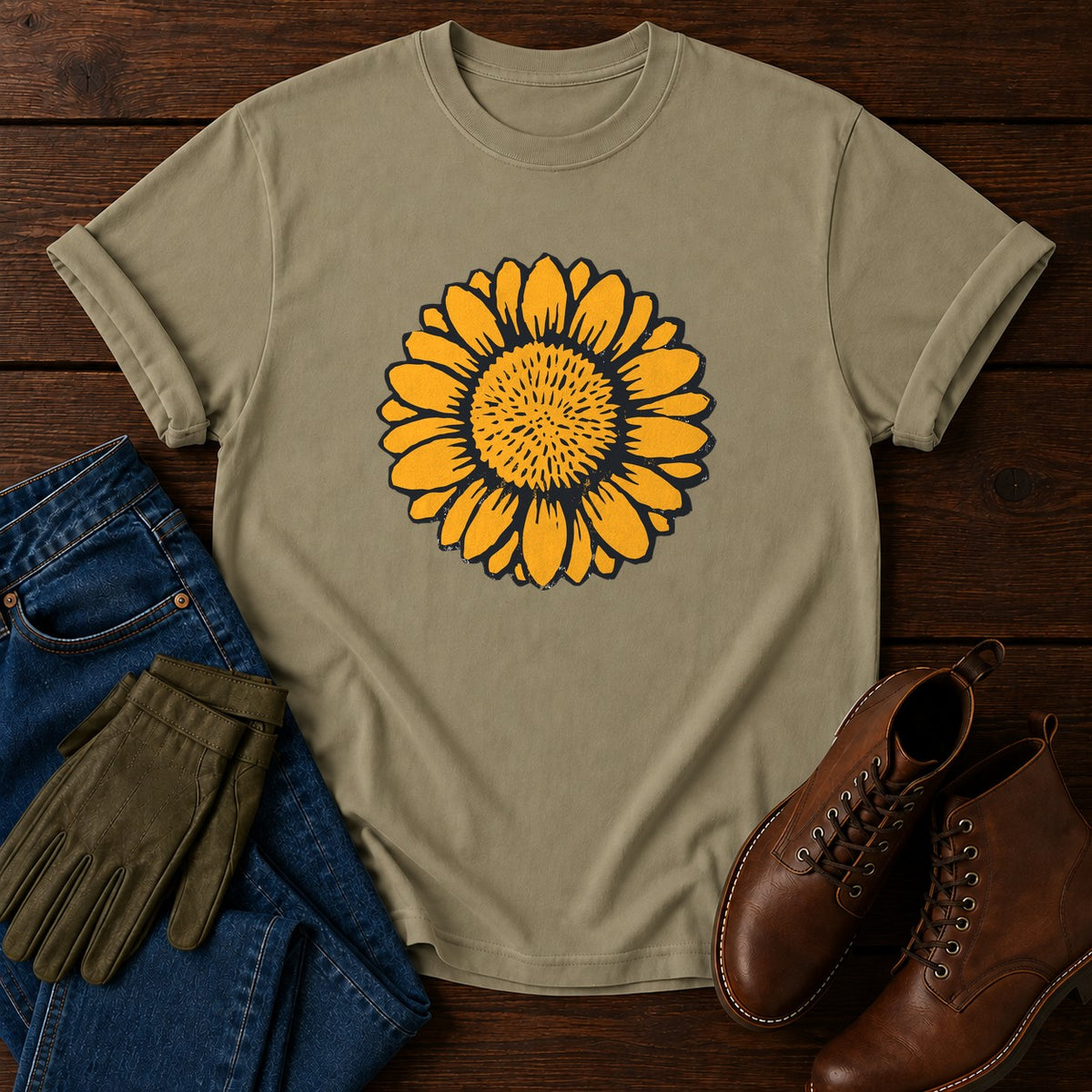 Carved Sunflower T-Shirt — Khaki