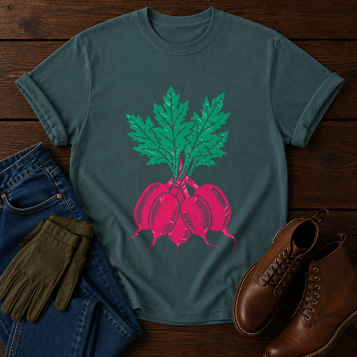 Woodcut Radish T-Shirt — Blue Spruce